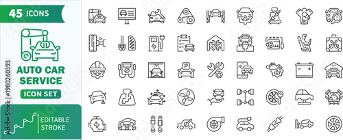 Auto car service and vehicle maintenance icon set. Large set of auto care, repair, and automotive maintenance line icons