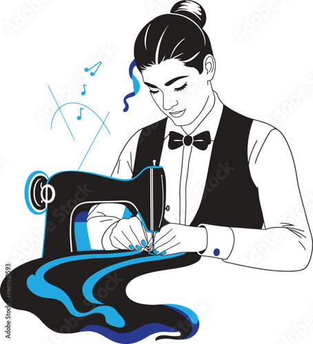 Vector transparent background EPS illustration of a woman sewing on a vintage machine