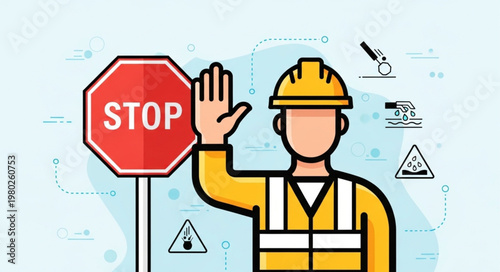 Construction worker holding stop sign and signaling stop with raised hand.