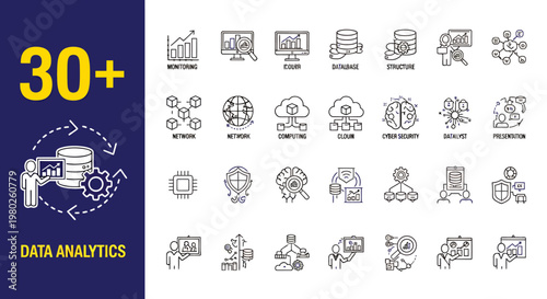 Icon and symbol collection for data analytics including charts, dashboards, and visual elements.