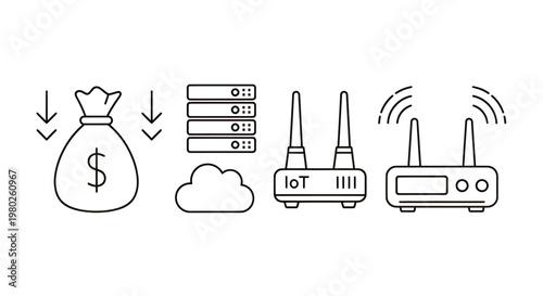 Financial technology and IoT infrastructure: money flow, cloud servers, and wireless devices interconnected.