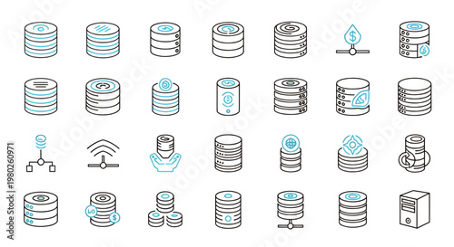 Collection of database and cloud computing icons representing data storage, servers, and connectivity in a modern technical graphic set.