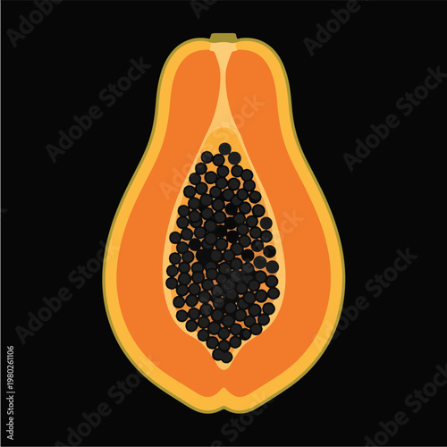 Pixel Art Papaya Halved With Black Seeds Isolated On Black Background