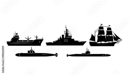 Naval and merchant ship silhouettes collection with cargo vessel sailing ship and submarine isolated on white background vector