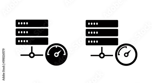 Monitoring two data server racks with uptime gauges and clocks in a data center environment.