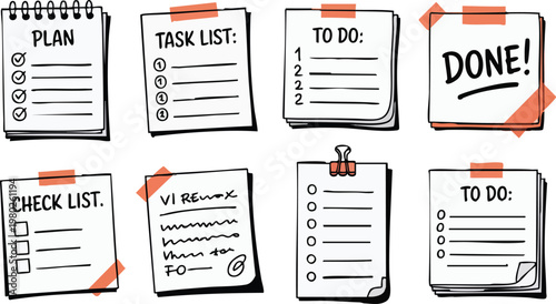 Bild auf Leinwand Sketchy Checklist & To‑Do Icons — Notebook Pages and Sticky Notes