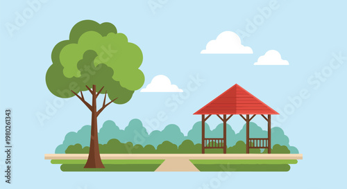 Pixel Art Park With Green Tree Red Gazebo And Clouds On Blue Sky