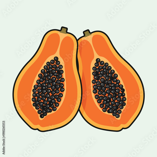 Pixel Art Papaya Halves With Seeds Isolated On Light Blue Background