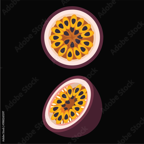 Pixel Art Passion Fruit Halves Isolated On Black Background Flat Vector