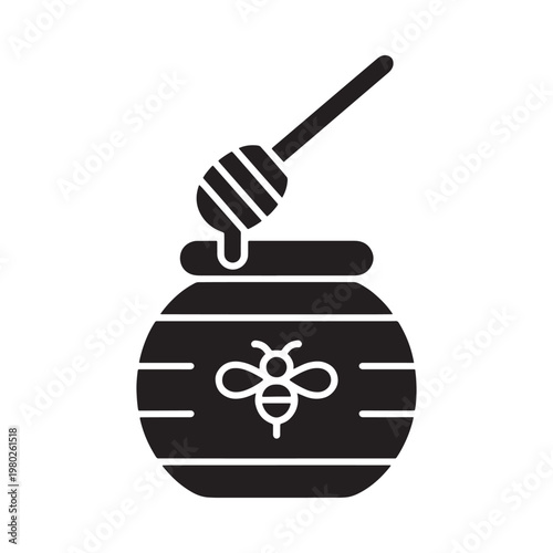 Simple black silhouette of a honey pot with dipper and bee
