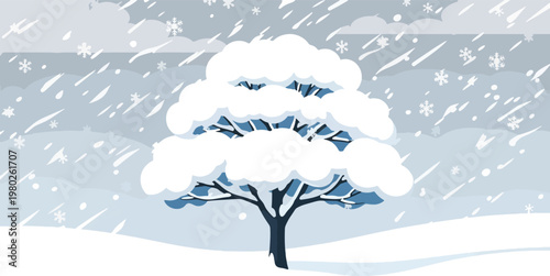 Pixel Art Snow Covered Tree In A Winter Storm With Gray Sky Vector