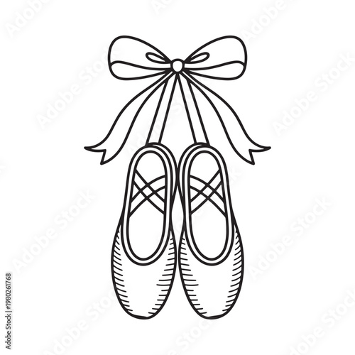 A simple line drawing of ballet shoes with a decorative bow