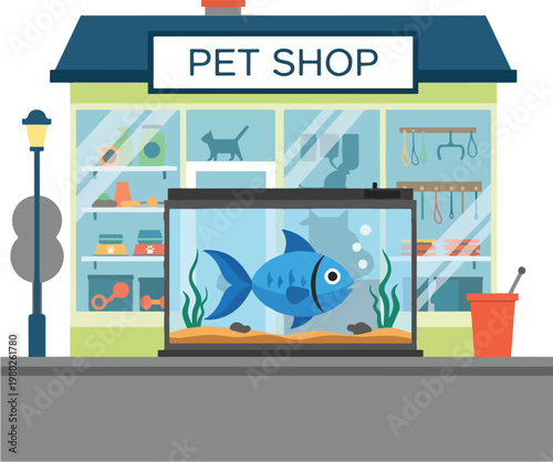 Pixel Art Pet Shop Exterior With Large Blue Fish In Aquarium Vector