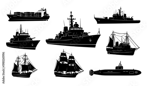 Maritime ship silhouette set featuring naval vessels cargo ships sailing boat and submarine in grid layout isolated vector