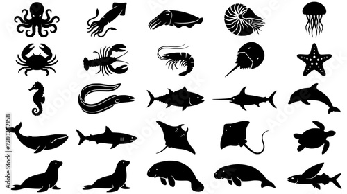 Vast Collection of Marine Life Silhouettes A Diverse Set of Aquatic Creature Vector Icons