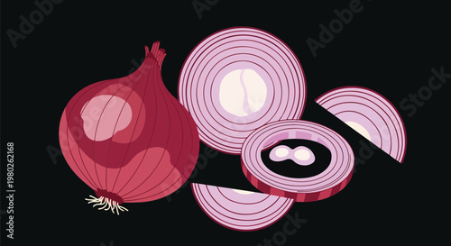 Red Onion Halves Slices Rings Pixel Art Isolated Object On Black Background