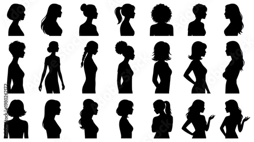 Silhouette collection of diverse women profiles in different hairstyles and poses