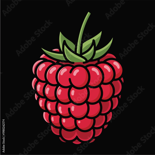 Red Raspberry Pixel Art Isolated On Black Background Flat Design Icon