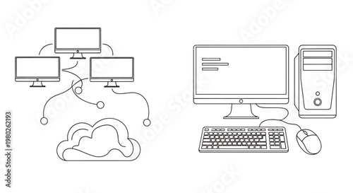 Illustration of cloud computing architecture with a desktop computer setup and network diagram.