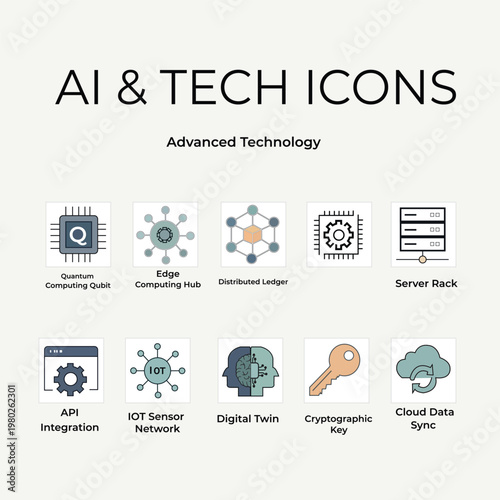 Advanced AI and Technology Icon Set - Minimalist Flat Vector Illustrations for Quantum Computing, IoT, and Cloud Data.
