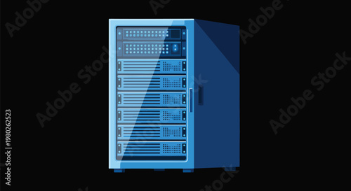 Pixel Art Style Blue Computer Server Rack Illustration On Black