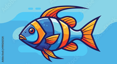 Pixel Art Style Colorful Fish Swimming In Blue Water Background
