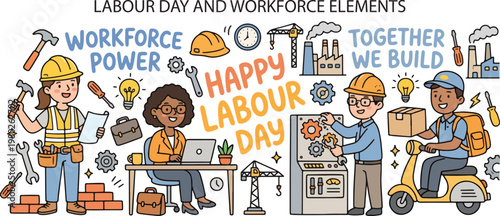 Labour Day Workers and Tools Global Workforce, Illustration Doodle Cartoon Collection