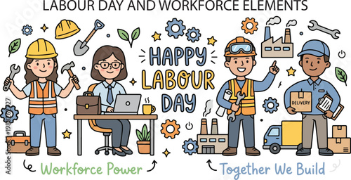 Labour Day Workers and Tools Global Workforce, Illustration Doodle Cartoon Collection