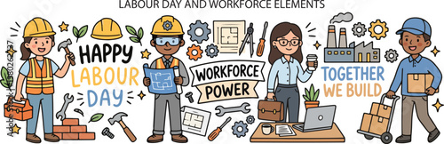 Labour Day Workers and Tools Global Workforce, Illustration Doodle Cartoon Collection