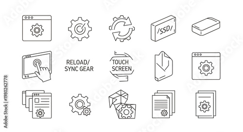 Collection of monochrome vector icons depicting UI elements and technology tools for interfaces.