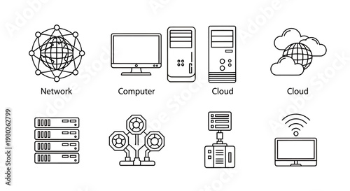Collection of technology icons showing network, cloud, servers, and hardware components.