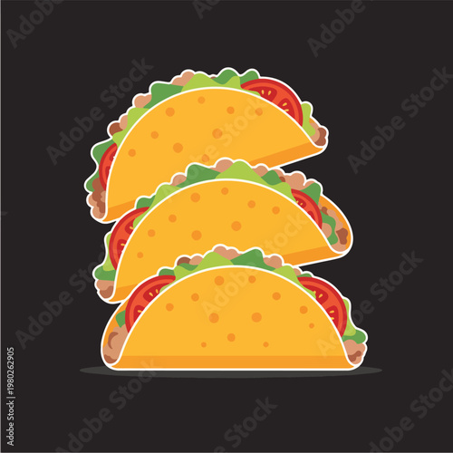 Pixel Art Style Stack Of Three Tacos On Dark Background Isolated Vector