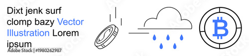 Cryptocurrency, blockchain technology, digital transactions, finance, cloud computing, data storage. A Bitcoin icon, a cloud with rain and a falling coin modern technology. Cryptocurrency