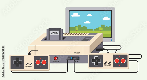 Retro Pixel Art Video Game Console With Controllers And Tv Vector Design