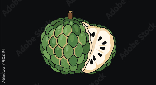 Pixel Art Sugar Apple Cherimoya Custard Apple With Slices On Black