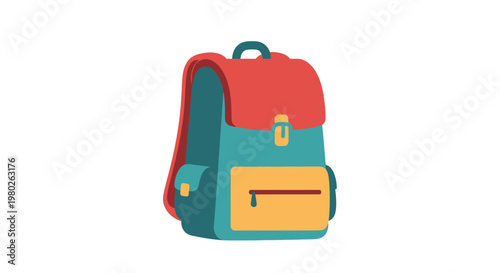 Colorful backpack with red flap.