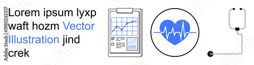 Healthcare, data analysis, patient monitoring, diagnostics, telemedicine, wellness. Medical clipboard, heart health icon IV line graphic. Healthcare and data analysis concept