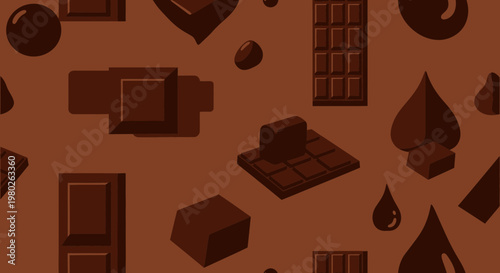 Abstract Chocolate Pattern Background, Dark Chocolate Bars, Drops, and Squares