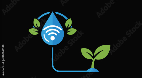 Smart Farming Water Drop Wifi Signal Green Leaves Icon Flat Design
