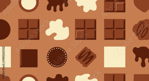 Assorted Chocolate Candies Pattern, Milk, Dark, White Chocolate Squares and Drops