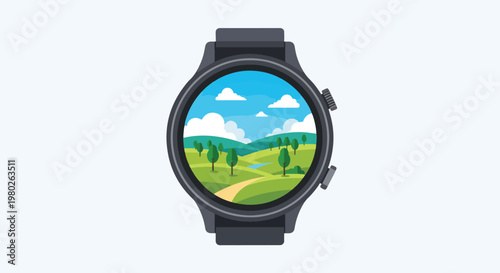 Smart Watch Pixel Art With Green Landscape Sky And Clouds Isolated Vector