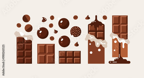 Assorted Chocolate Bars and Candies with Melting Drips and Cream