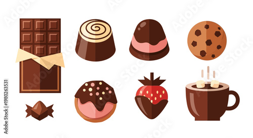 Assorted Chocolate Candies, Cookies, and Hot Cocoa Set - Vector Icons
