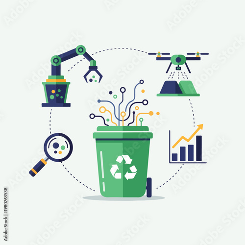 Smart Waste Management Tech Vector Illustration With Recycling Bin Drone Robot Arm And Data Charts On Light Background