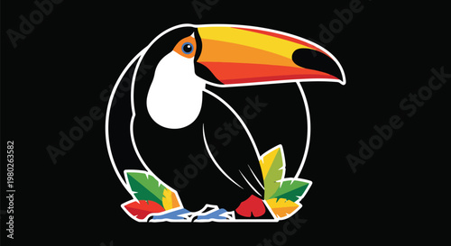 Pixel Art Toucan Bird Exotic Tropical Leaf Graphic Black Background