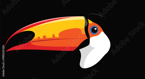Pixel Art Toucan Bird Head With Large Colorful Beak On Black Background