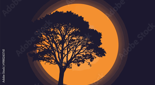 Pixel Art Tree Silhouette Against Large Orange Moon Dark Night Background