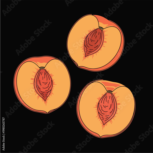 Three Halved Peaches With Pits Pixel Art Illustration On Black Background