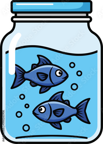 Two Blue Fishes Swimming Inside A Glass Jar Pixel Art Vector Illustration
