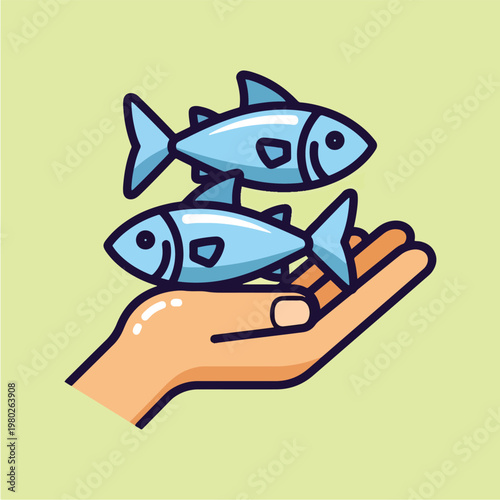 Two Blue Fish Above Hand Pixel Art Icon On Light Green Background